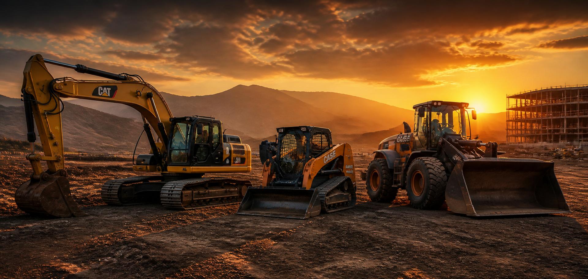 Fleet of heavy construction equipment at sunset